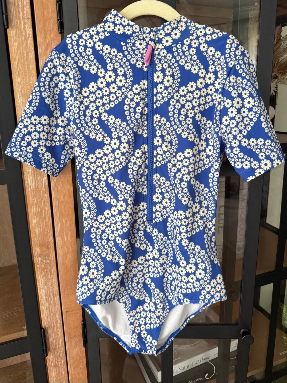 Mini Boden one piece swimsuit rashguard short sleeve zip up daisy wave dazzling